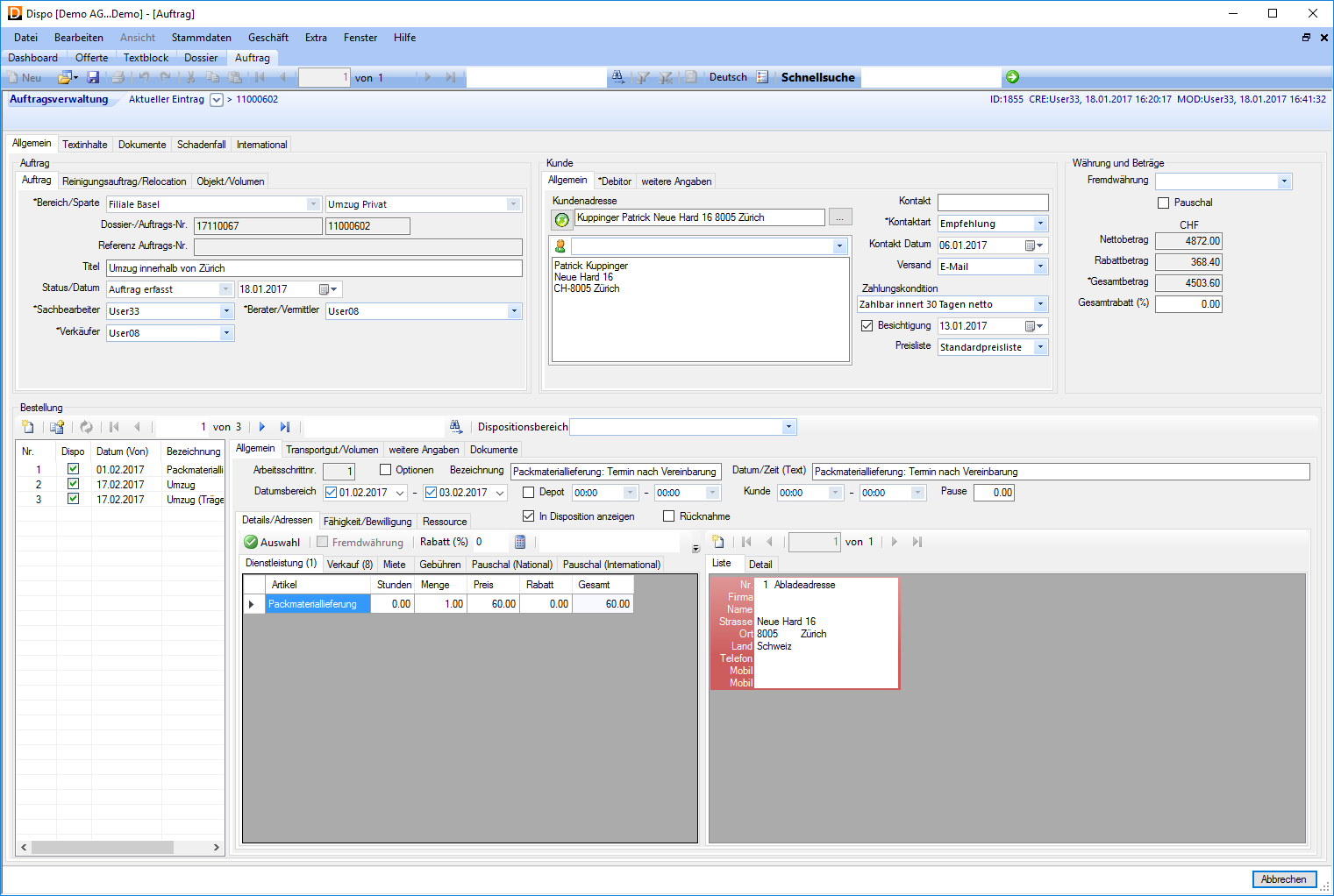 Umzugssoftware, Auftrag ist Grundlage für Disposition und Erstellung der Arbeitspapiere