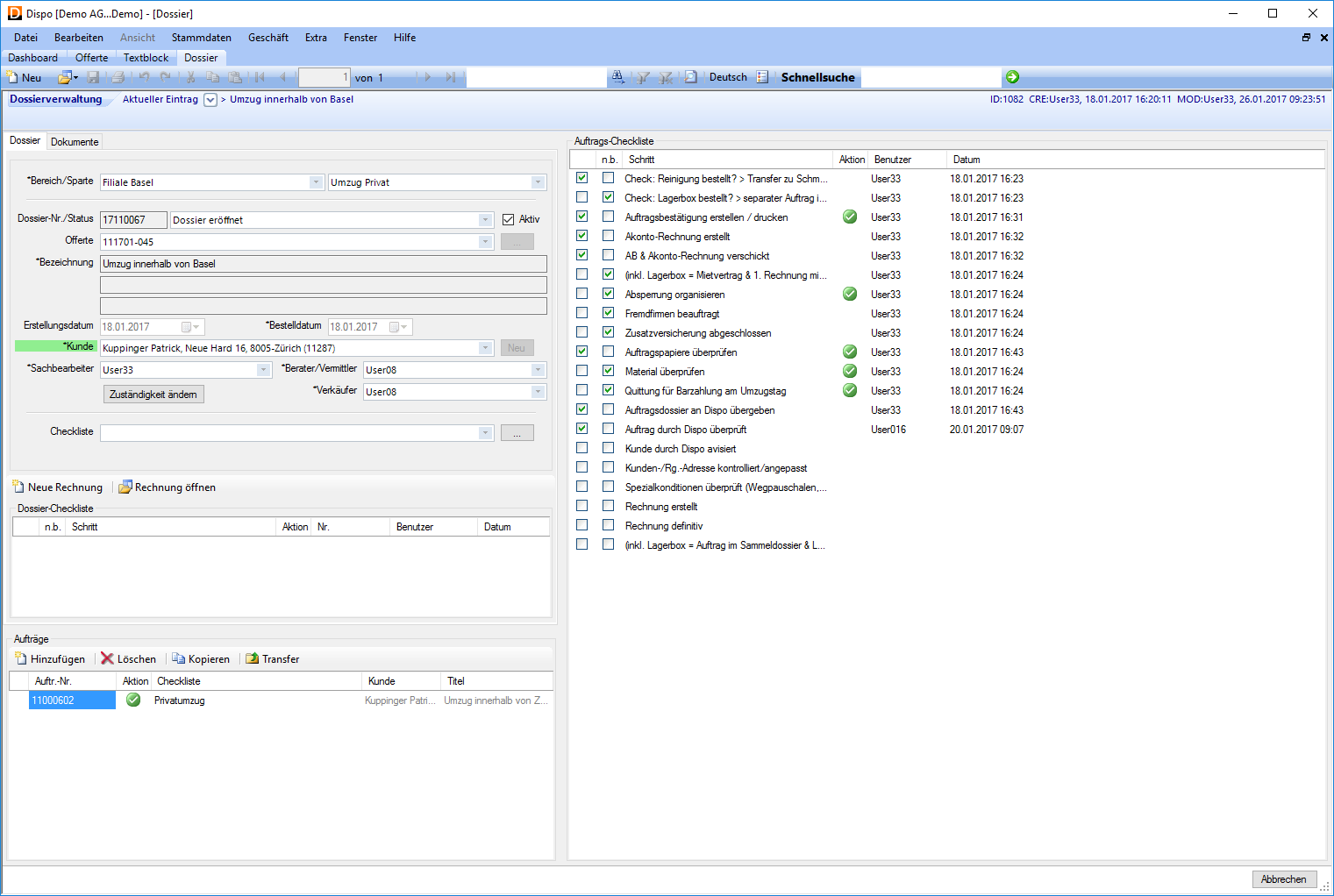 Zentrale Dossierverwaltung pro Kunde oder Projekt Umzugssoftware