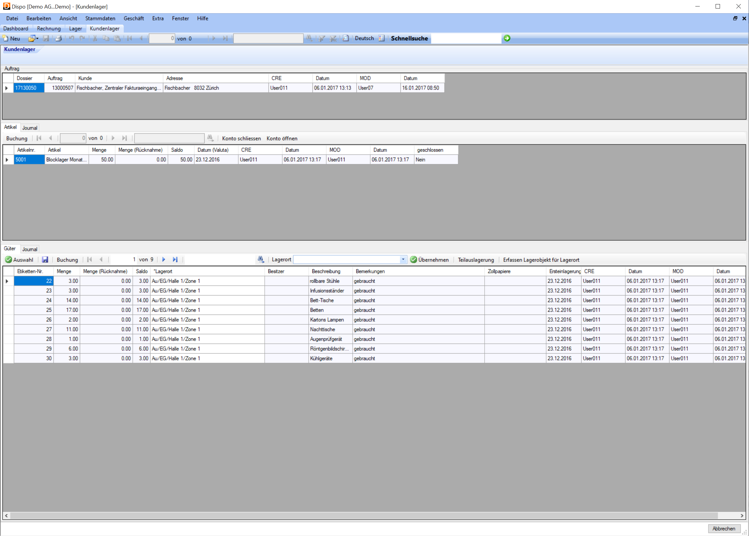 Kundenlager- und Lagerkabinen-Verwaltung mit frei definierbare Perioden pro Kunde, Umzugssoftware