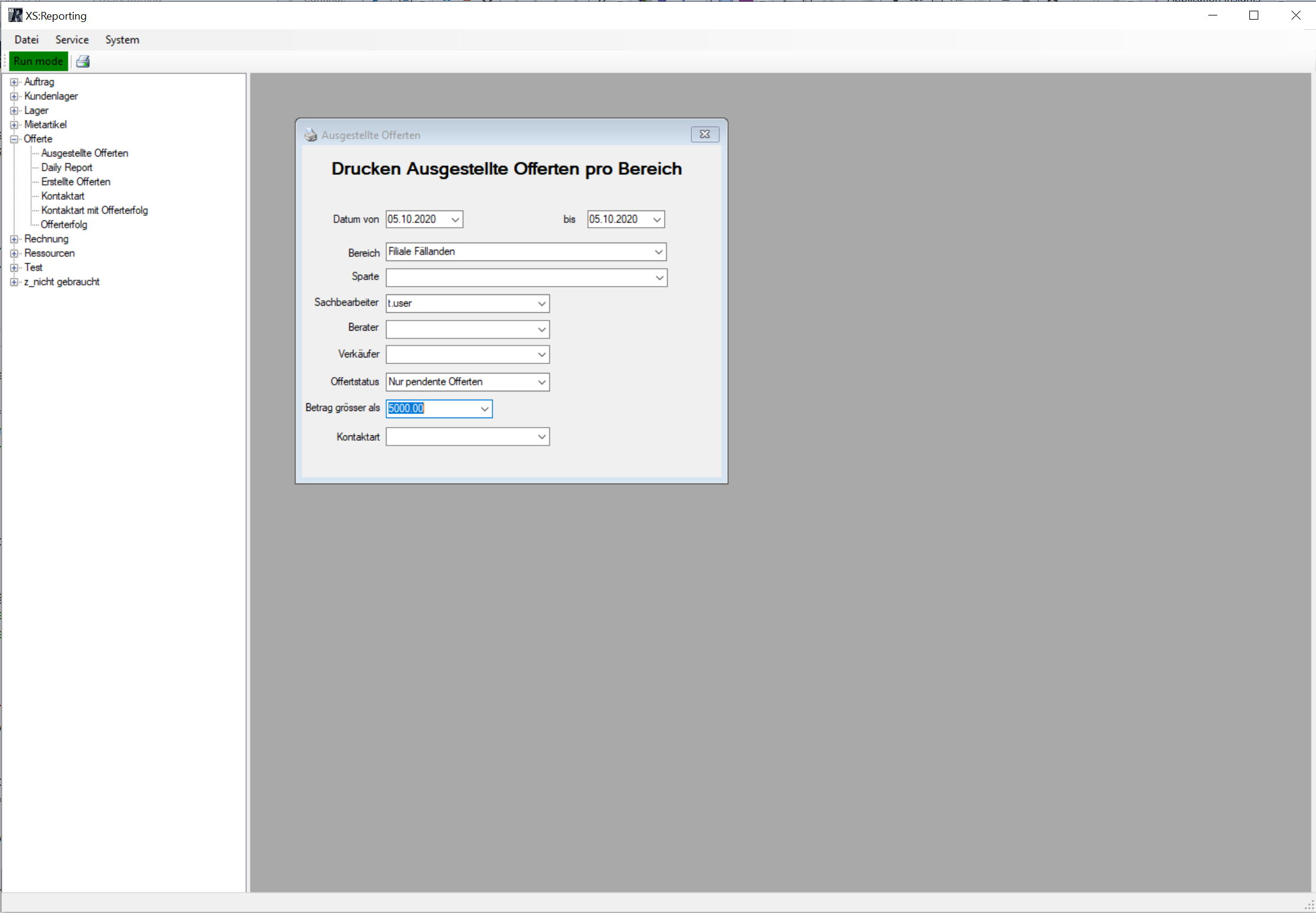 Umzugssoftware Reporting Auswahlmaske